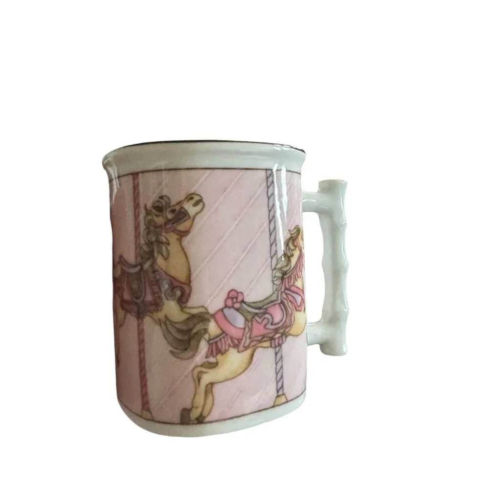 Takahashi Carousel Horse Mugs Bamboo Style Handle Set of 2 Pink‎ Purple